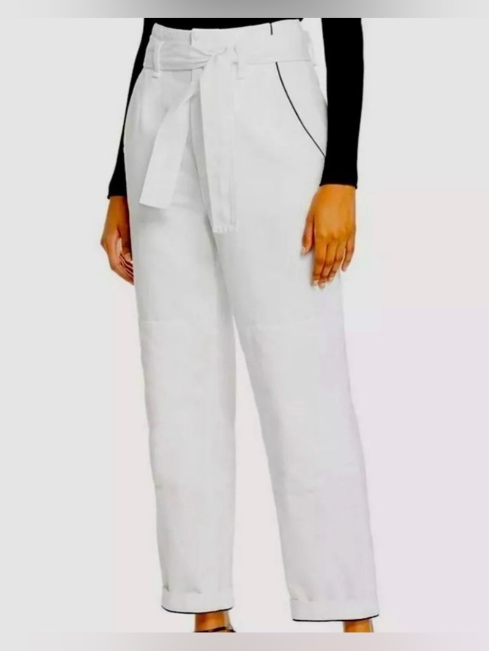 rag & bone White Tencel Double Knee Utility Paperbag Pants Jeans Black Piping 31